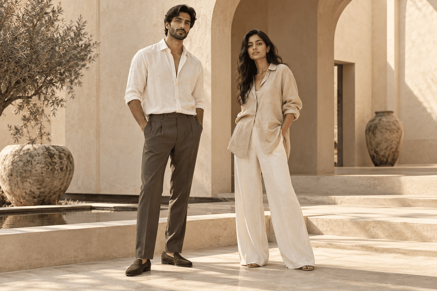 Editorial concept: two models wearing neutral-toned clothing in a sunlit courtyard